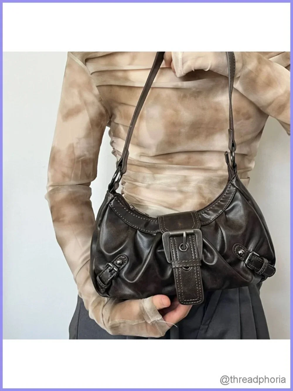 Y2K Faux Leather Hobo Shoulder Bag with Buckle Details Trendy Punk Purse